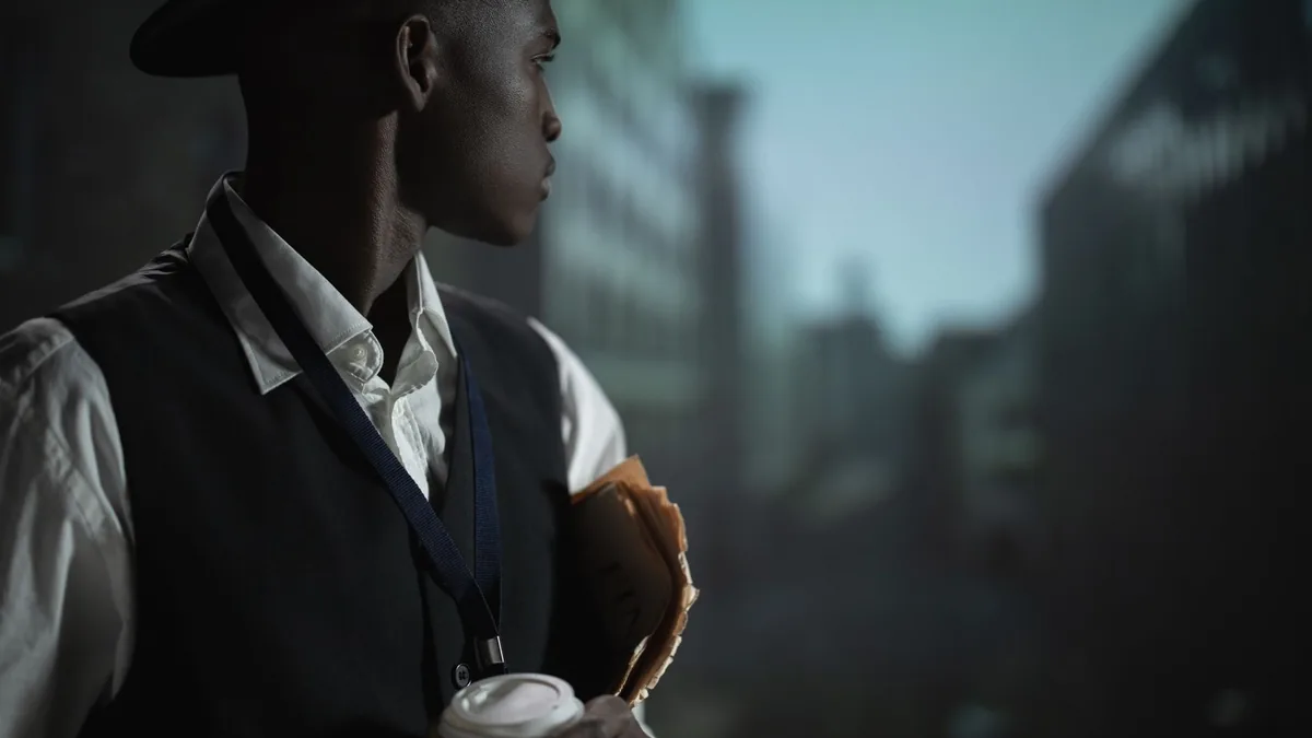 A contemplative man in an urban setting dressed as a det