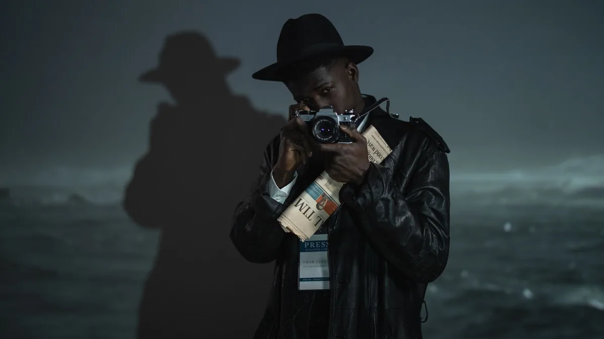 A man in a black hat and leather jacket captures a pictu