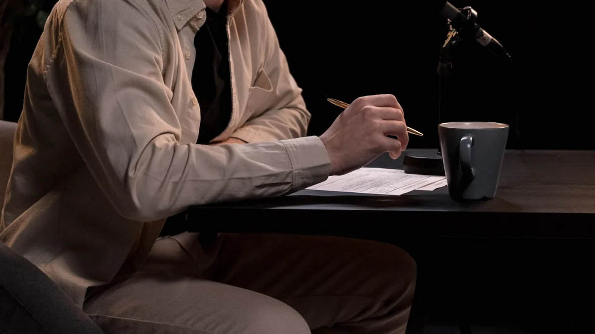 A man in a studio setting working on a podcast with micr