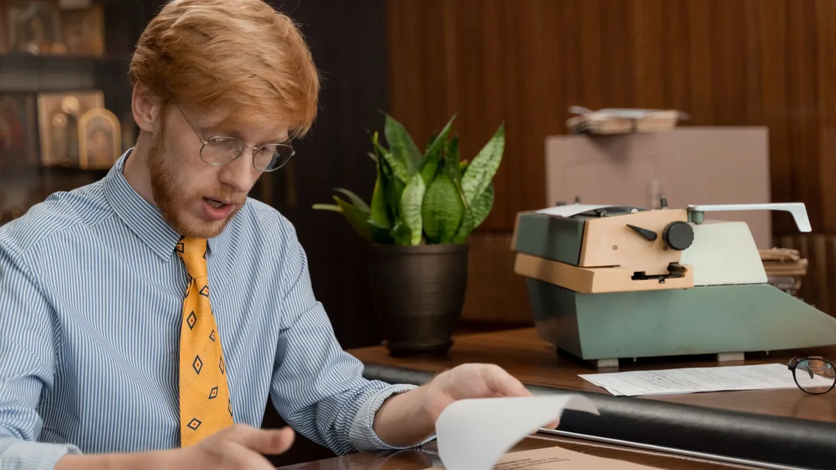A man reading documents at a desk with a vintage typewri