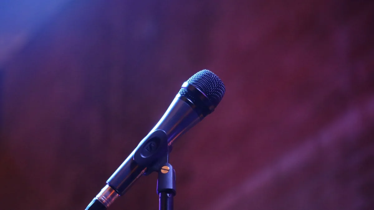 A microphone on a stand against a blurred background per