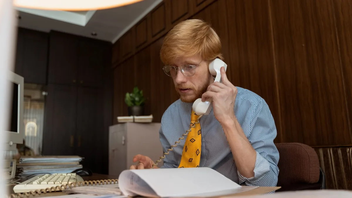 A professional man in a vintage office setting talking o
