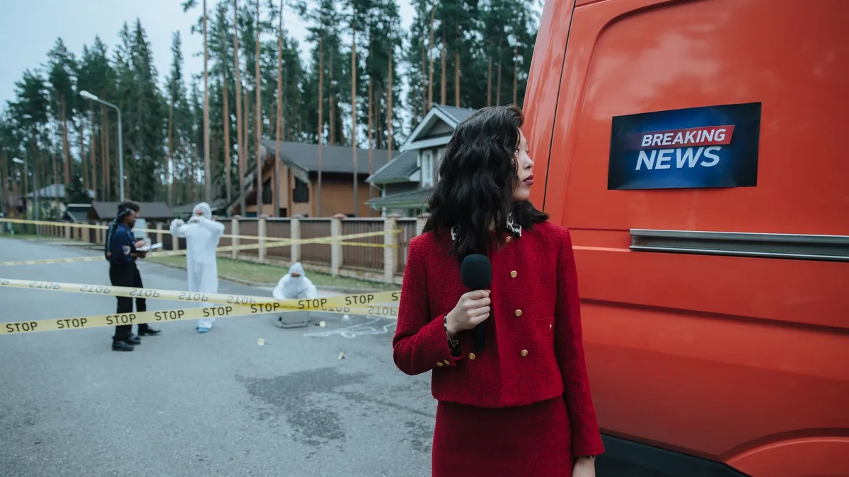 A reporter in red documents a crime scene with investiga