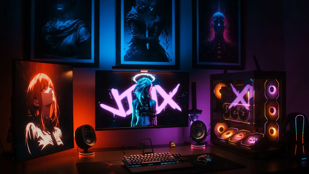 A vibrant gaming setup with neon lights displays and a c