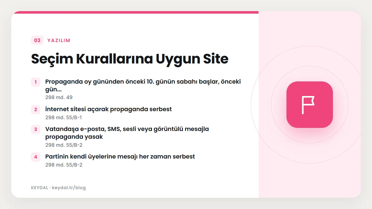 Seçim Kurallarına Uygun Site: Propaganda oy gününden önceki 10. günün sabahı başlar, önceki gün..., İnternet sitesi açarak propaganda serbest, Vatandaşa e-posta, SMS, sesli veya...