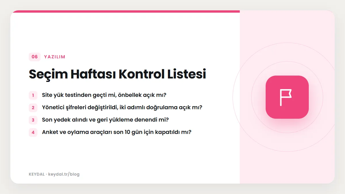Seçim Haftası Kontrol Listesi: Site yük testinden geçti mi, önbellek açık mı?, Yönetici şifreleri değiştirildi, iki adımlı doğrulama açık mı?, Son yedek alındı ve geri yükleme...