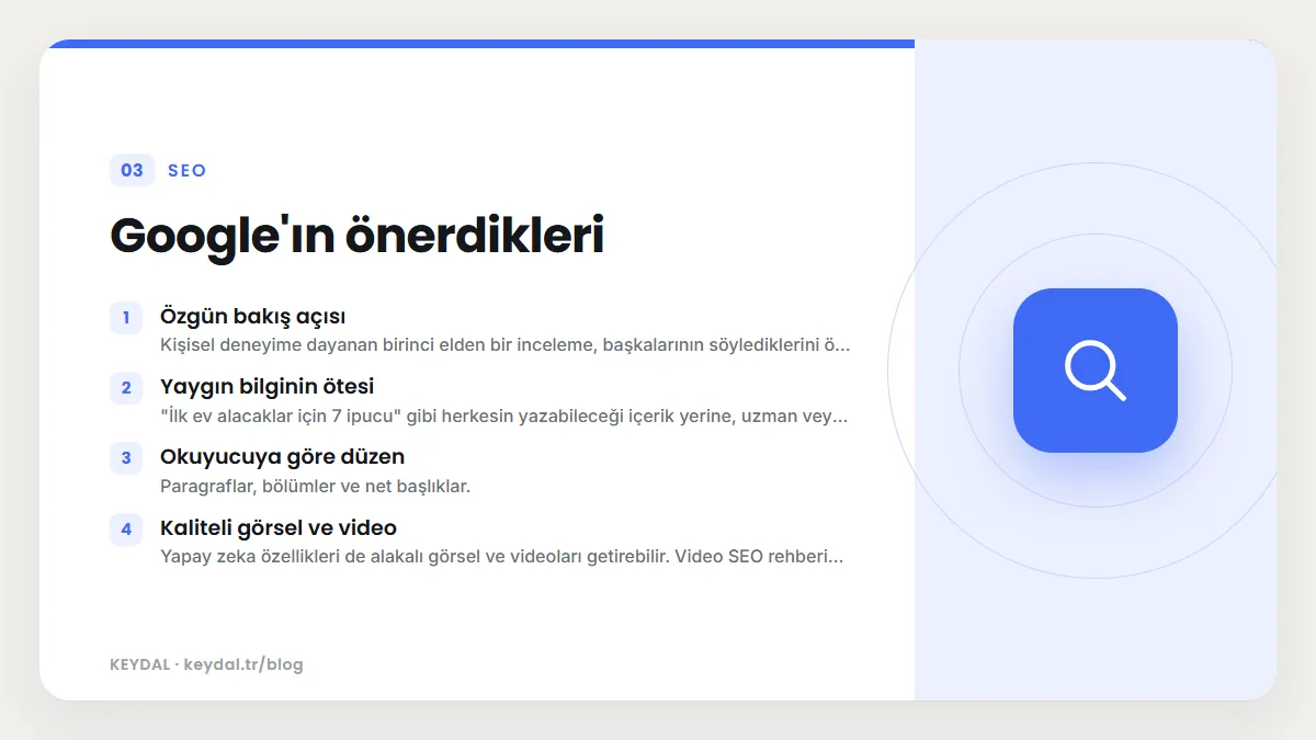 Google'ın önerdikleri: Özgün bakış açısı, Yaygın bilginin ötesi, Okuyucuya göre düzen, Kaliteli görsel ve video