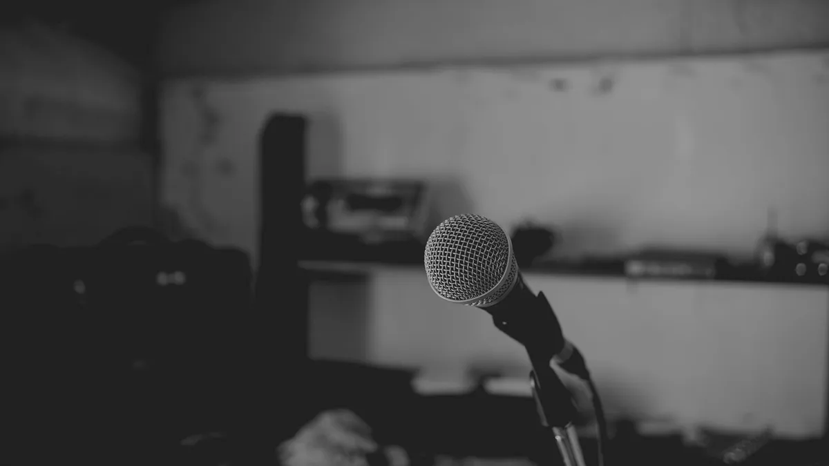 Artistic black and white shot of a music studio with a f