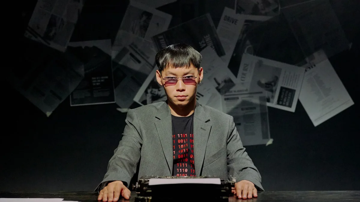 Asian male writer wearing sunglasses sits at a desk with