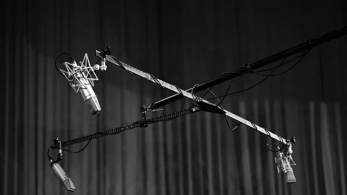 Black and white image of microphones hanging in a studio