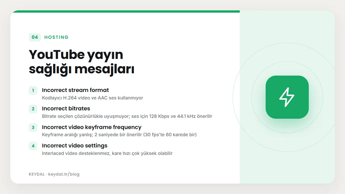 YouTube yayın sağlığı mesajları: Incorrect stream format, Incorrect bitrates, Incorrect video keyframe frequency, Incorrect video settings
