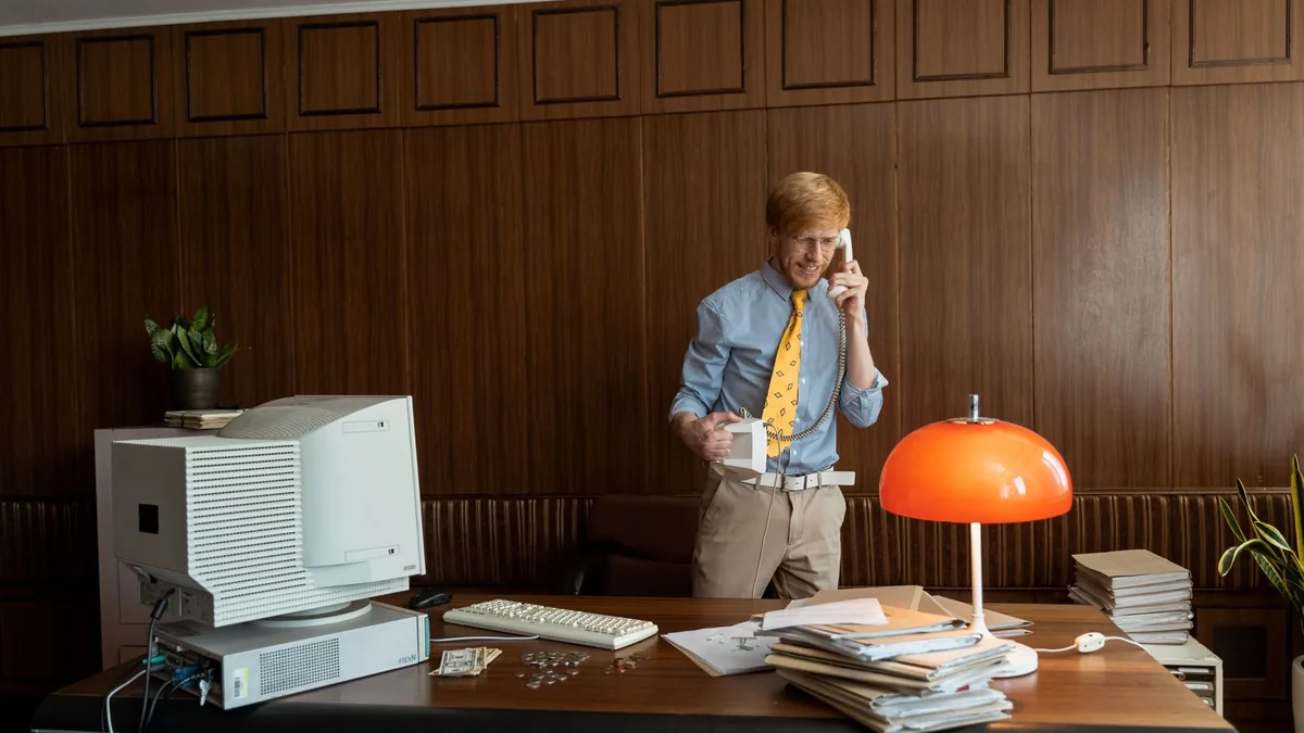 Caucasian man in a vintage office making a phone call at