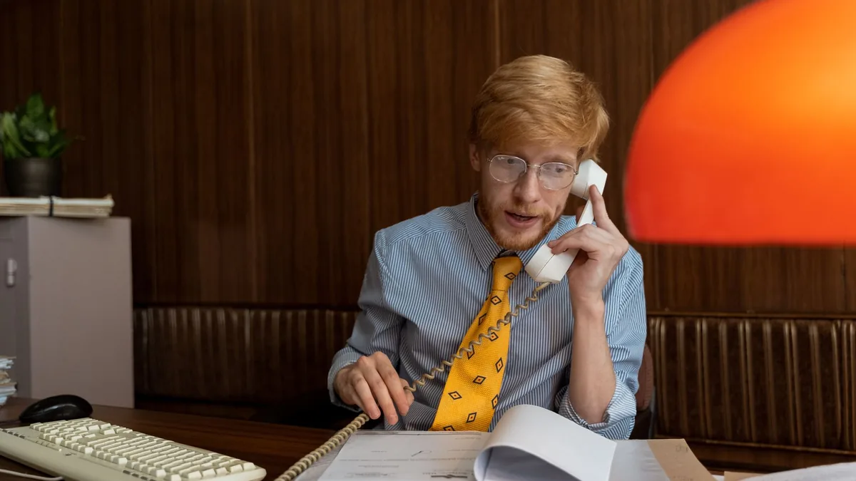 Caucasian man with red hair in retro office talking on v
