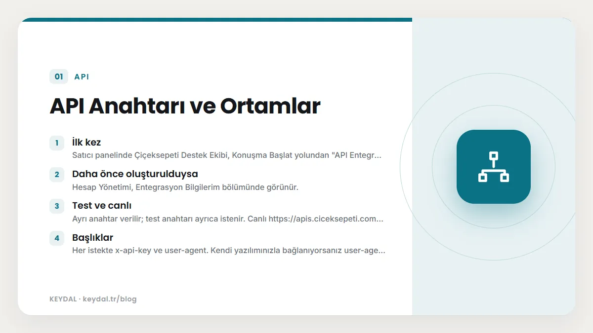 API Anahtarı ve Ortamlar: İlk kez, Daha önce oluşturulduysa, Test ve canlı, Başlıklar
