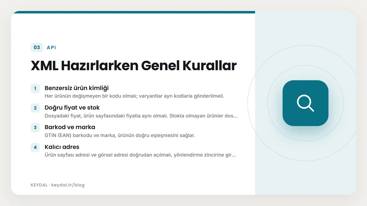 XML Hazırlarken Genel Kurallar: Benzersiz ürün kimliği, Doğru fiyat ve stok, Barkod ve marka, Kalıcı adres
