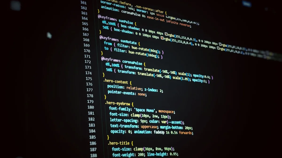 Close up of a colorful code snippet on a computer screen