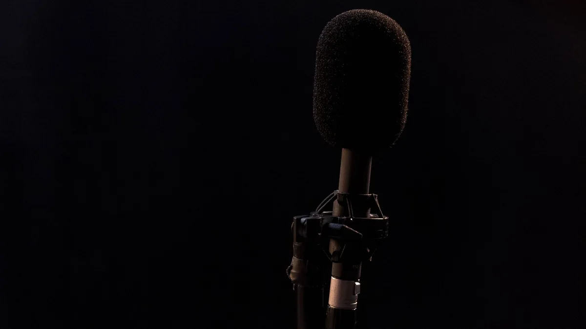 Close up of a condenser microphone on a mic stand with a