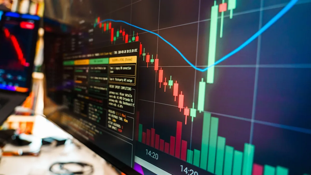 Close up of a financial monitor displaying real time cry