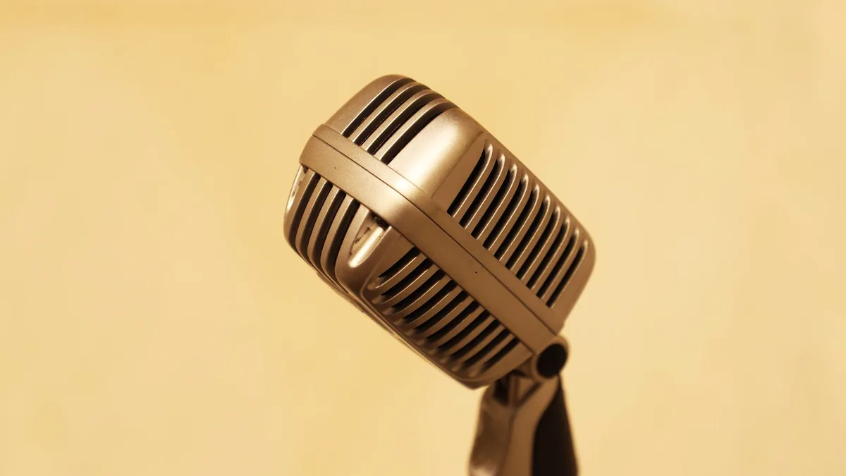 Close up of a vintage microphone with a warm tone perfec