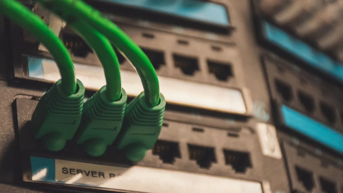 Close up of green network cables plugged into server por