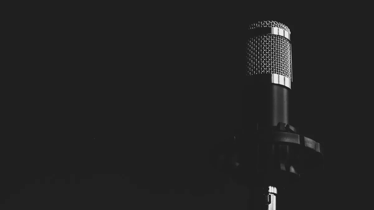 Close up view of a studio microphone against a dark back