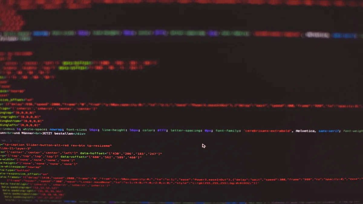 Close up view of colorful css and html code displayed on