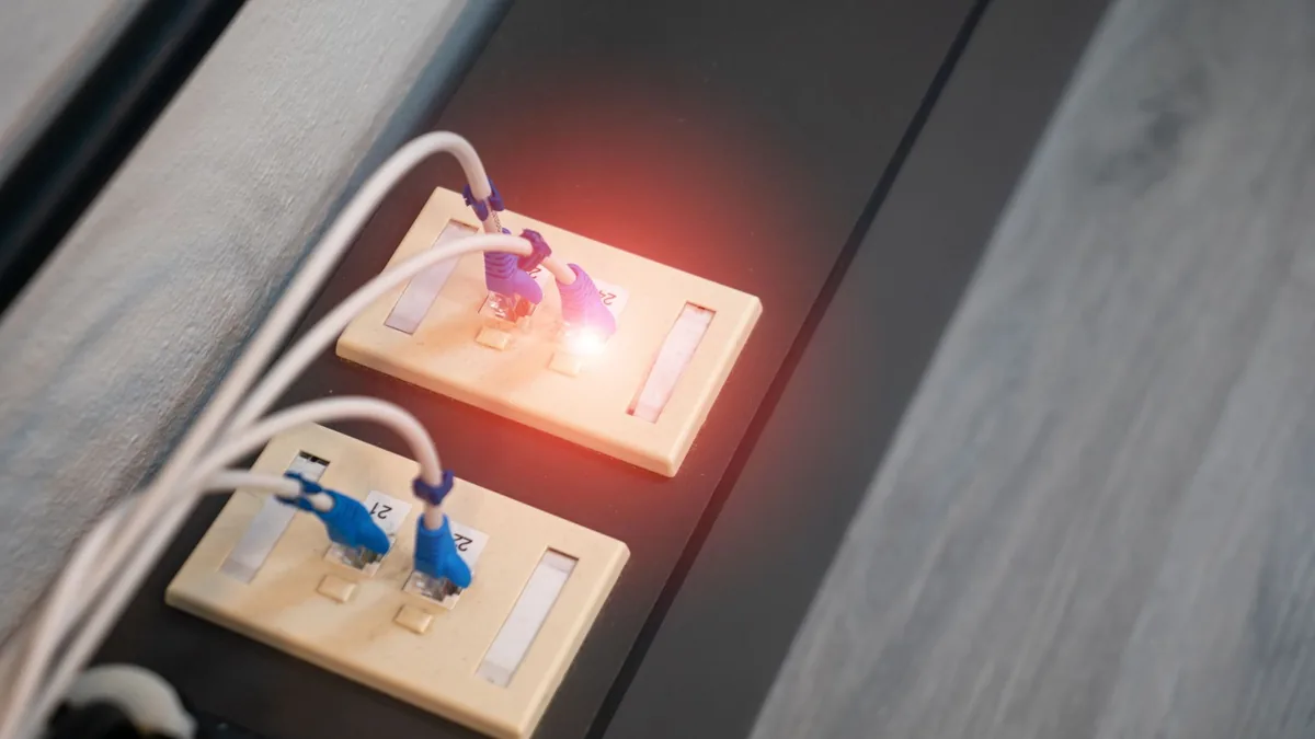 Close up view of ethernet ports with cables and illumina