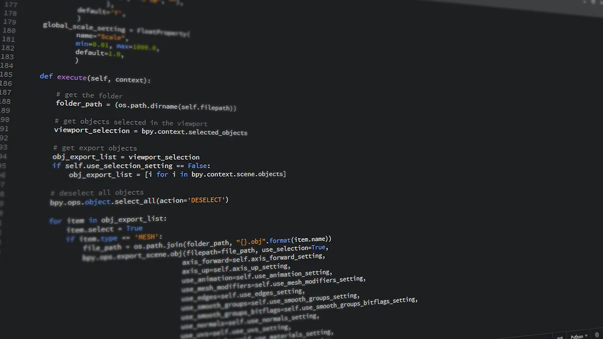Close up view of python code on a computer screen reflec