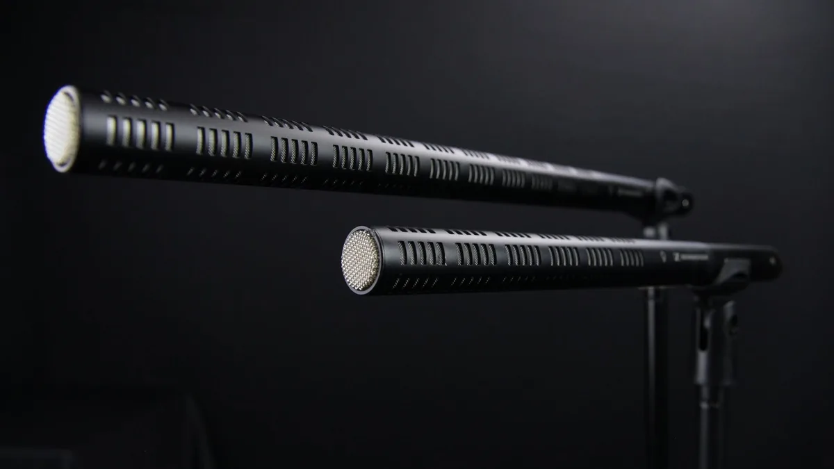 Close up view of two professional shotgun microphones in
