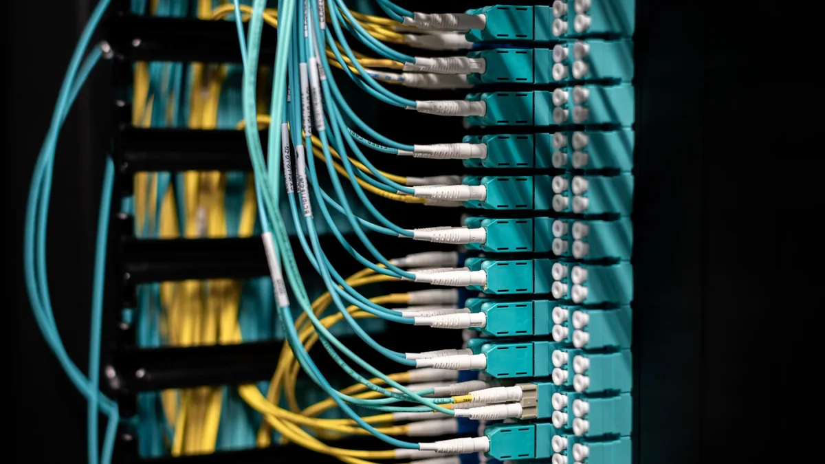 Closeup of switch in server with connectors and adapters