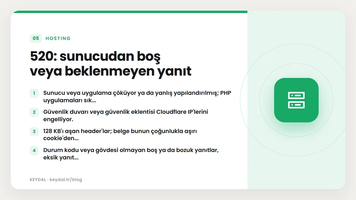 520: sunucudan boş veya beklenmeyen yanıt: Sunucu veya uygulama çöküyor ya da yanlış yapılandırılmış; PHP uygulamaları sık..., Güvenlik duvarı veya güvenlik eklentisi Cloudflare...