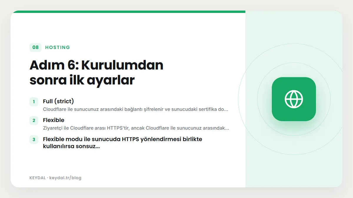 Adım 6: Kurulumdan sonra ilk ayarlar: Full (strict), Flexible, Flexible modu ile sunucuda HTTPS yönlendirmesi birlikte kullanılırsa sonsuz...