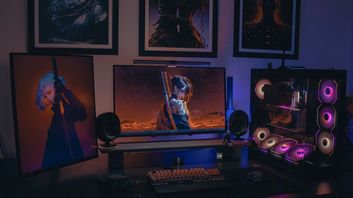Colorful gaming setup featuring rgb lit pc and anime art