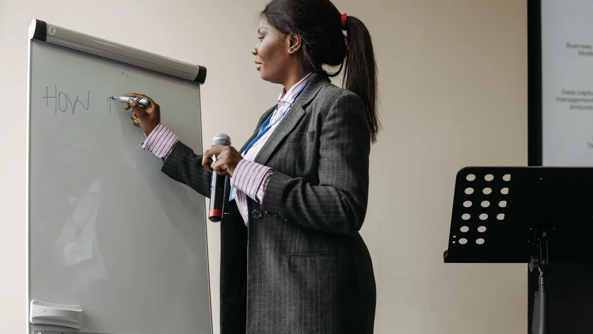 Confident businesswoman presenting ideas on a whiteboard