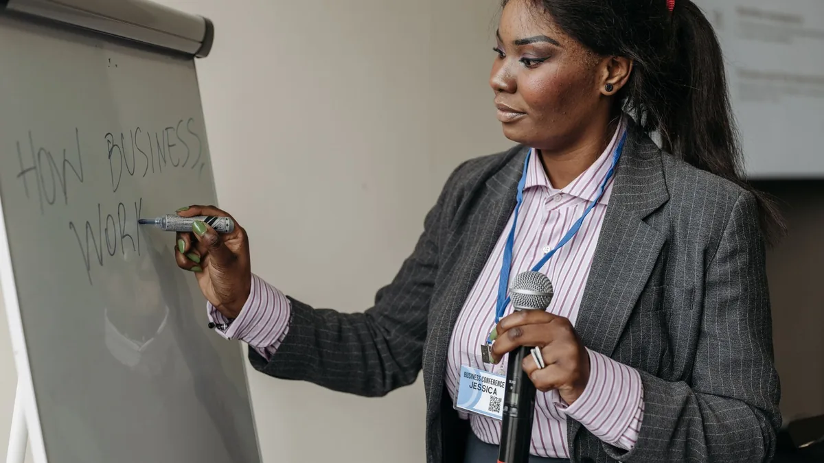 Confident woman in formal wear presenting business ideas