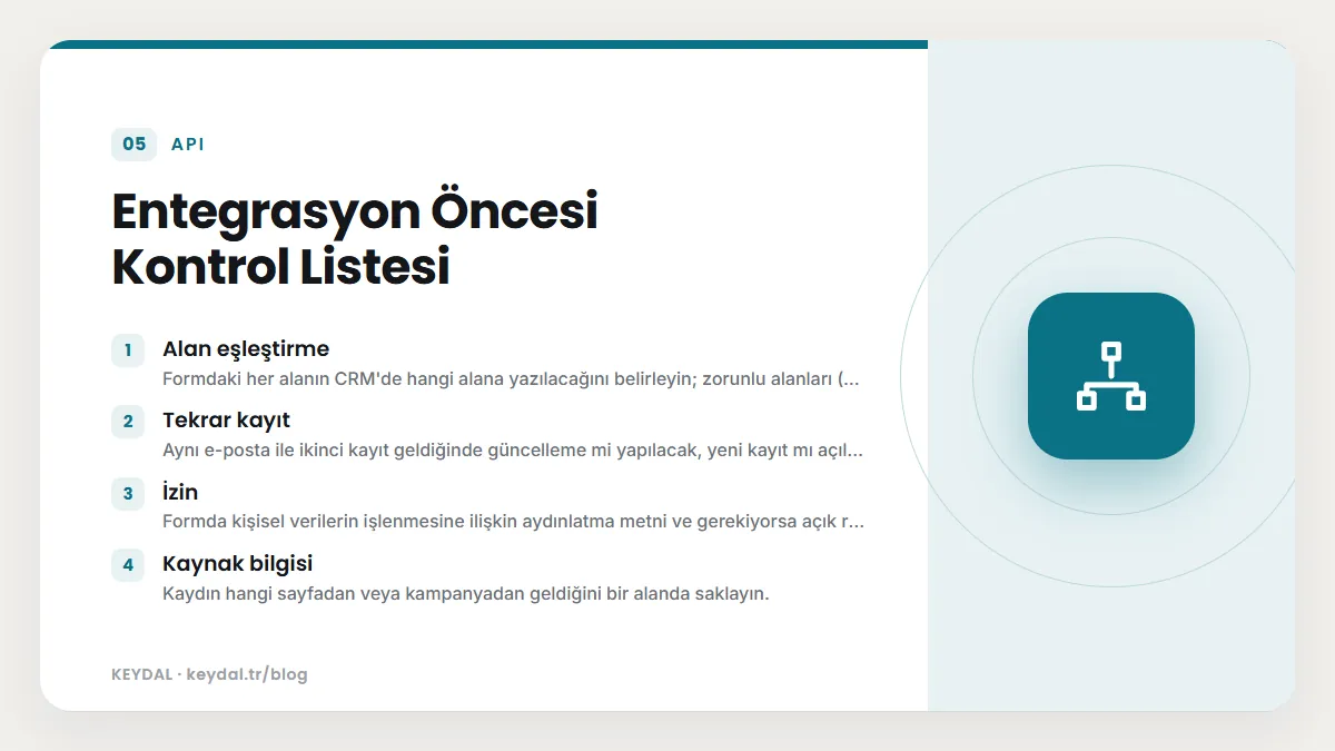 Entegrasyon Öncesi Kontrol Listesi: Alan eşleştirme, Tekrar kayıt, İzin, Kaynak bilgisi