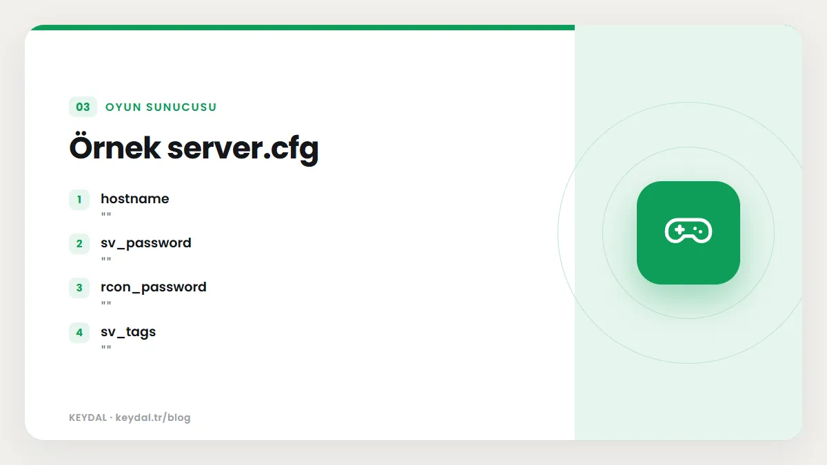 Örnek server.cfg: hostname, sv_password, rcon_password, sv_tags