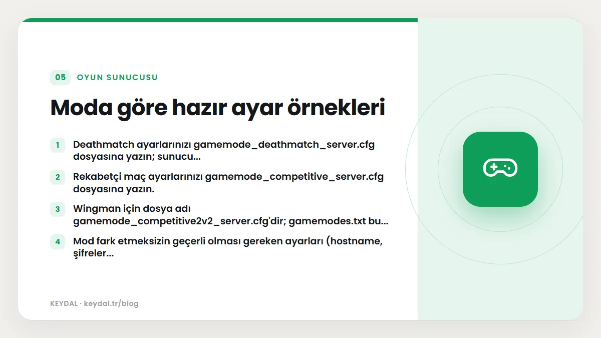 Moda göre hazır ayar örnekleri: Deathmatch ayarlarınızı gamemode_deathmatch_server.cfg dosyasına yazın; sunucu..., Rekabetçi maç ayarlarınızı gamemode_competitive_server.cfg...