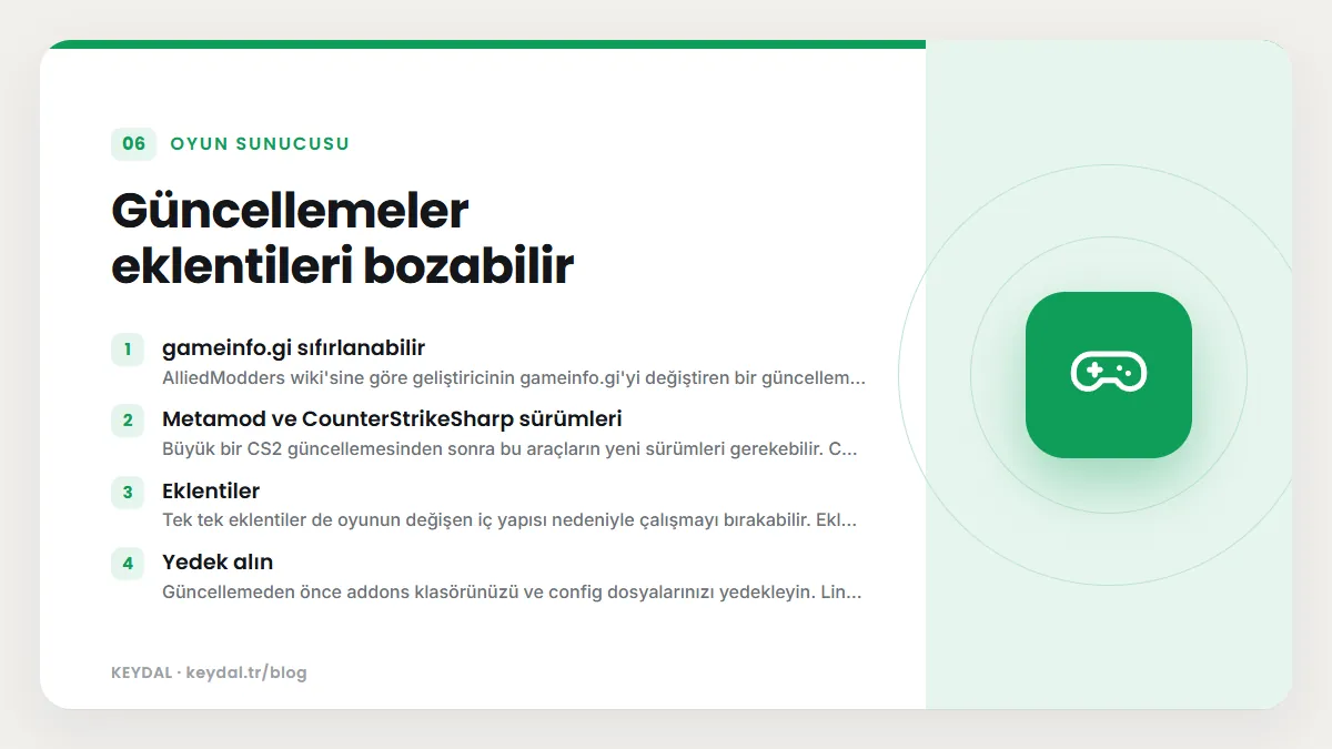 Güncellemeler eklentileri bozabilir: gameinfo.gi sıfırlanabilir, Metamod ve CounterStrikeSharp sürümleri, Eklentiler, Yedek alın