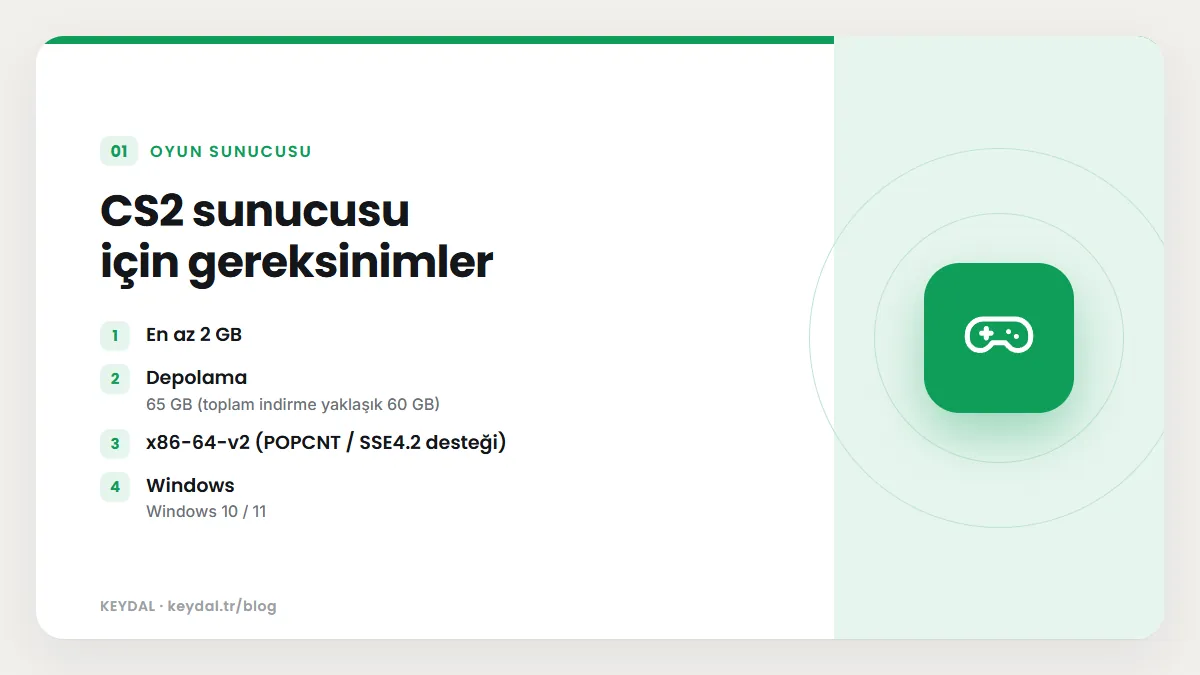 CS2 sunucusu için gereksinimler: En az 2 GB, Depolama, x86-64-v2 (POPCNT / SSE4.2 desteği), Windows