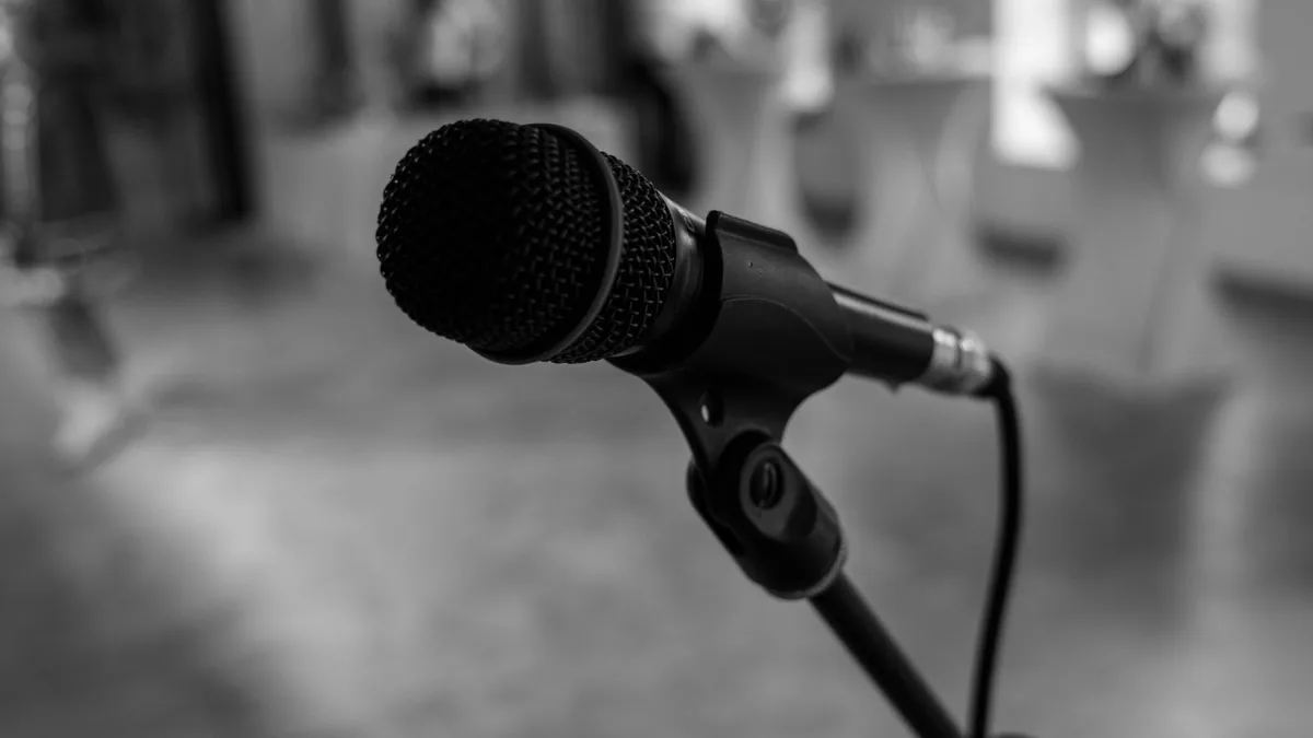 Detailed black and white close up of a microphone in an