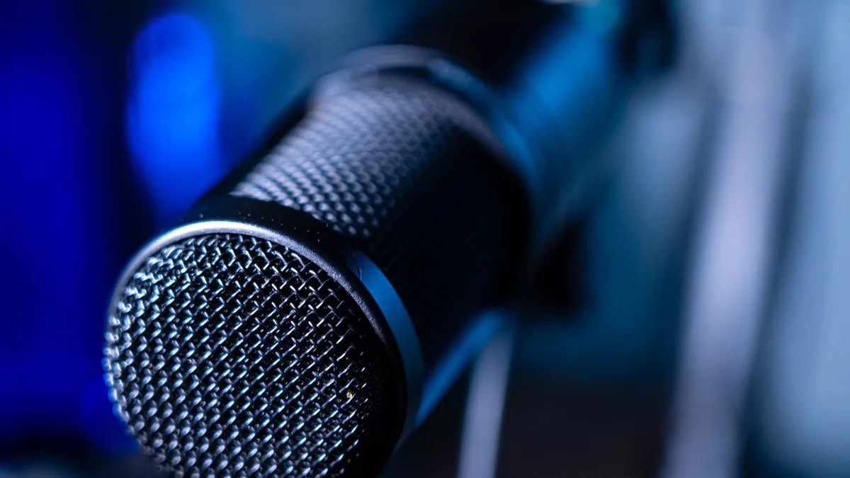 Detailed close up of a professional studio microphone wi