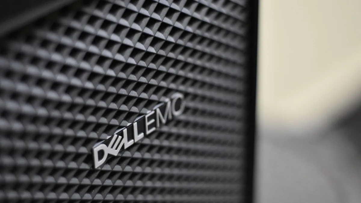 Detailed close up of dell emc server logo on hardware gr