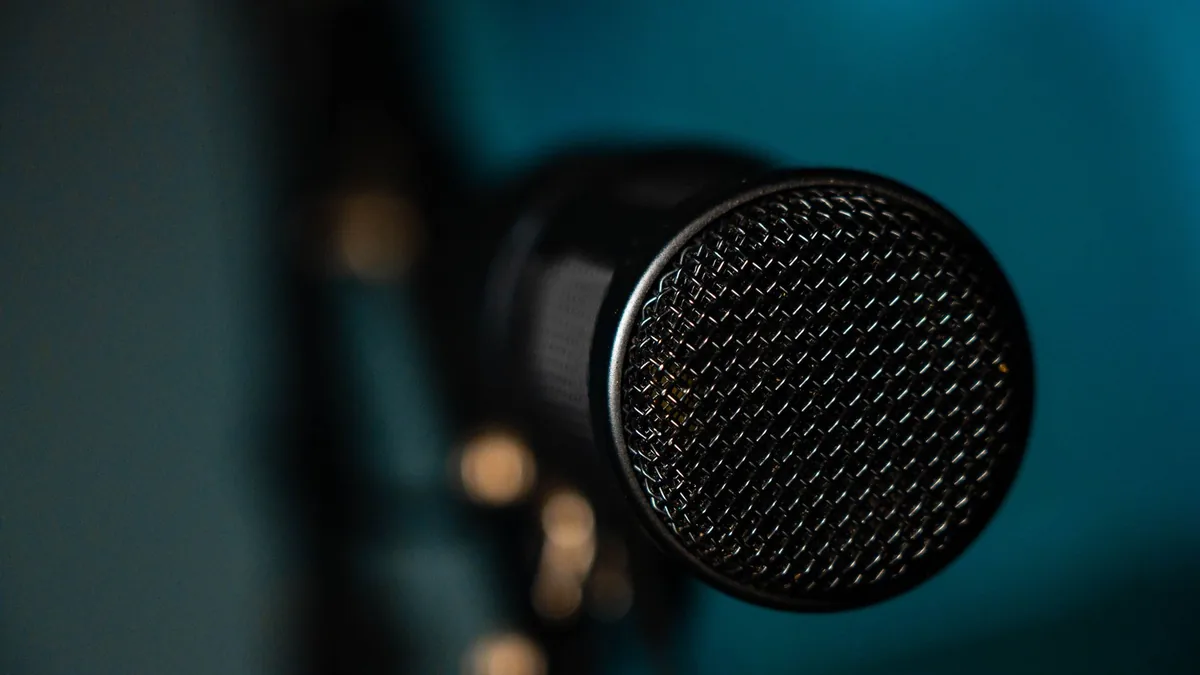 Detailed image of a black microphone with selective focu