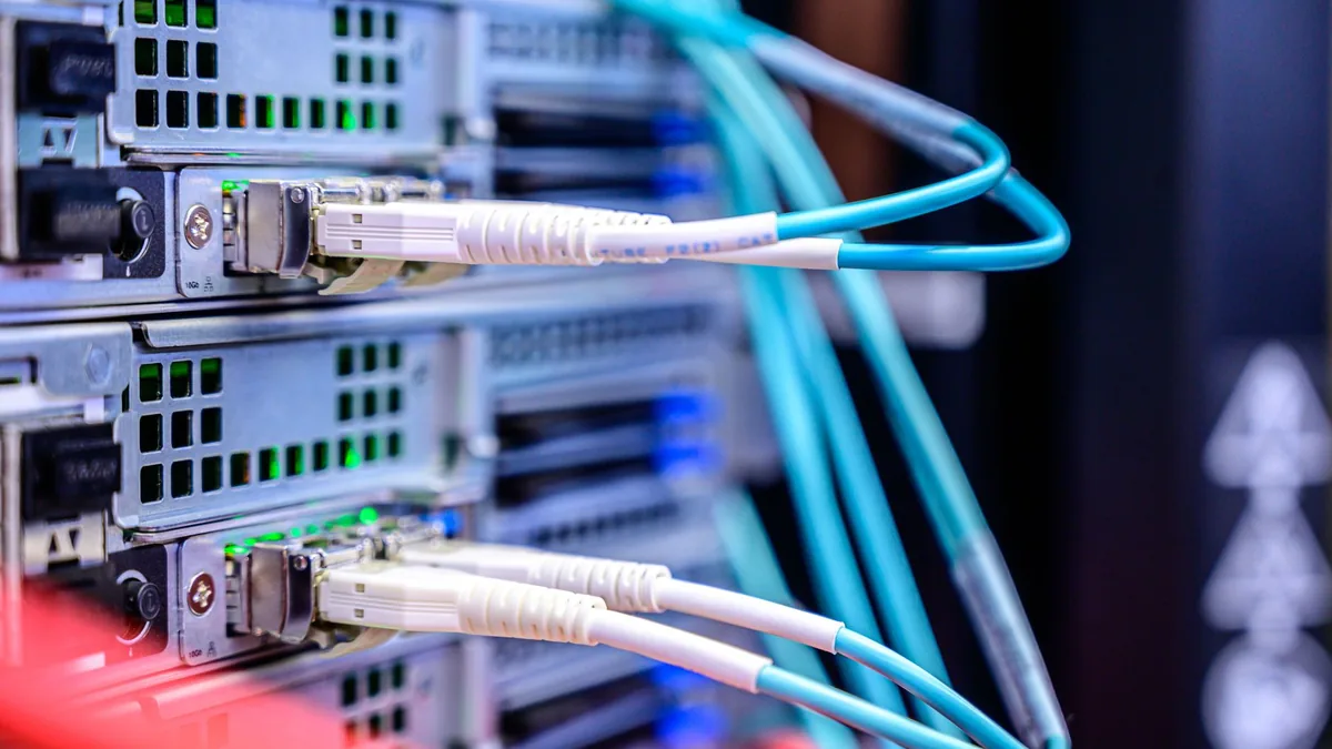 Detailed shot of ethernet cables connected to server por