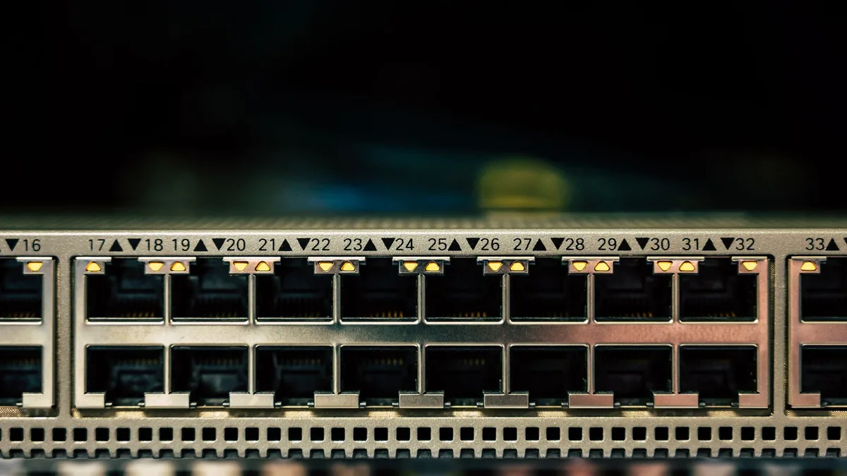 Detailed view of a network switch featuring multiple eth