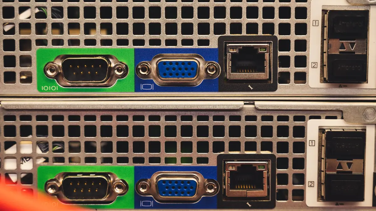 Detailed view of ethernet and vga ports on a server high