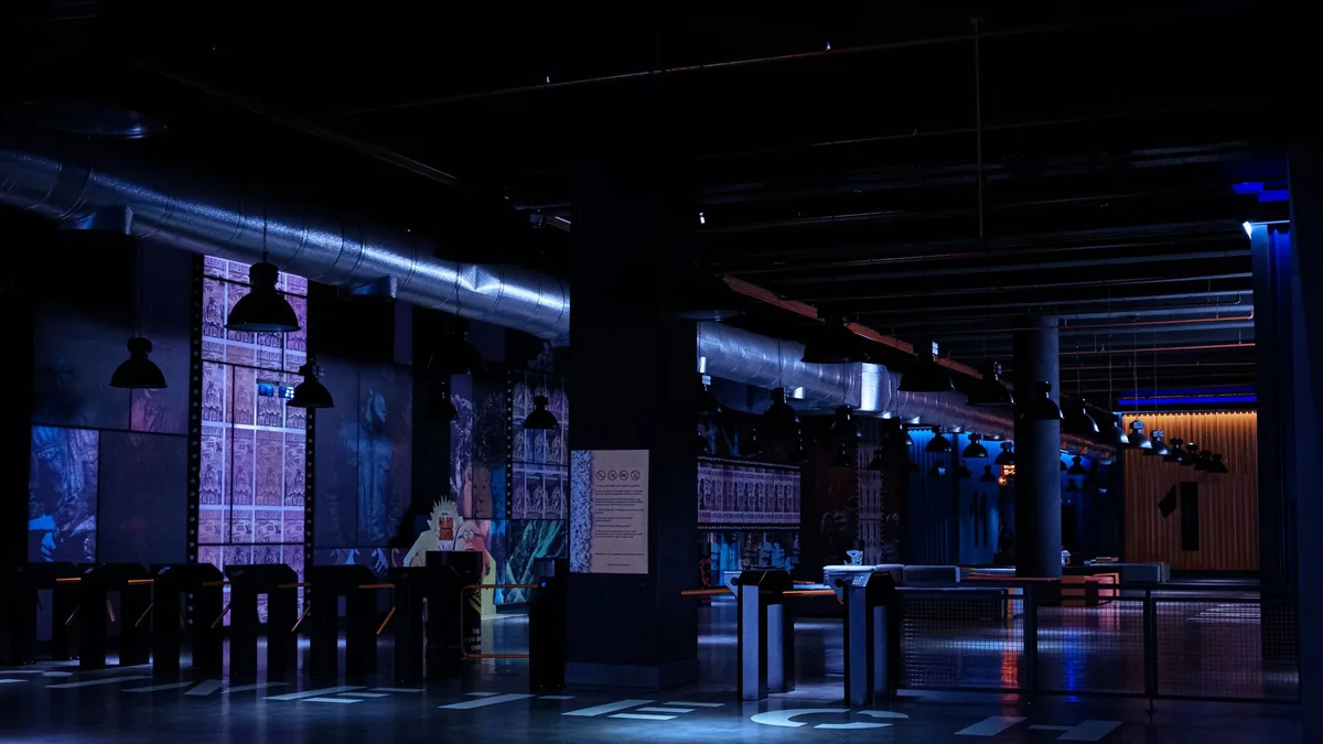 Dimly lit modern venue with industrial design elements a