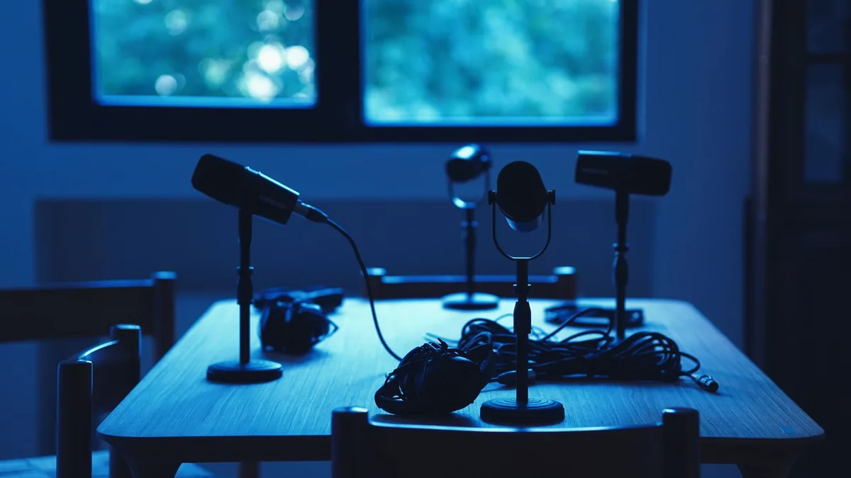 Dimly lit podcast studio with microphones and headphones