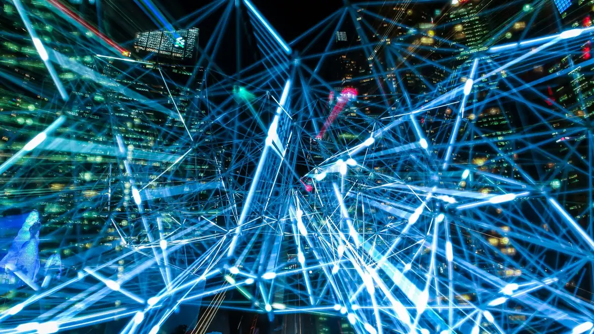 Dynamic urban scene showcasing interconnected light trai